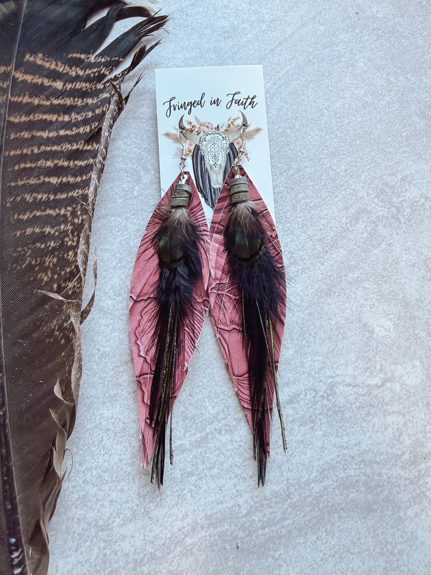 Burgundy + Black Feather Earrings