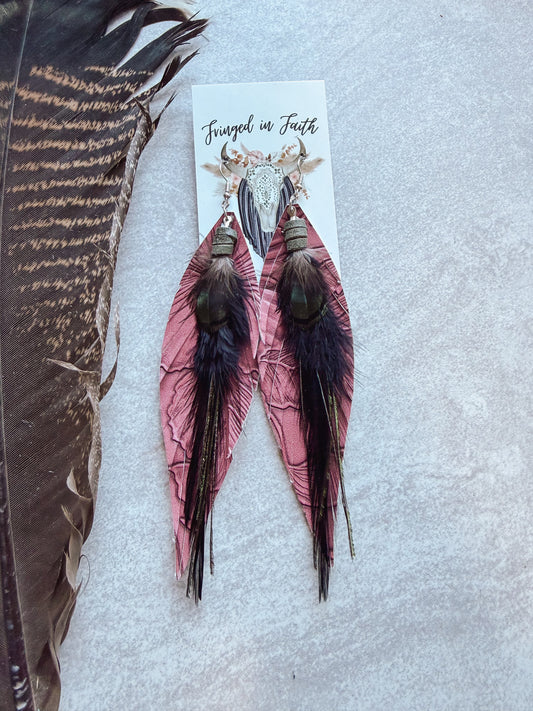 Burgundy + Black Feather Earrings