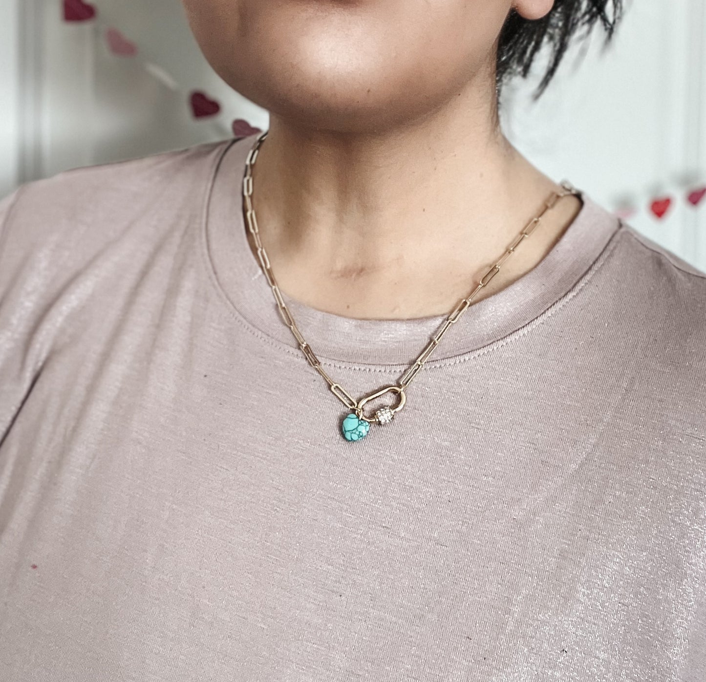 Paperclip Necklace with Turquoise Heart