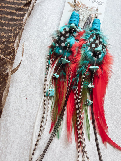 Red and Teal Feather Earrings