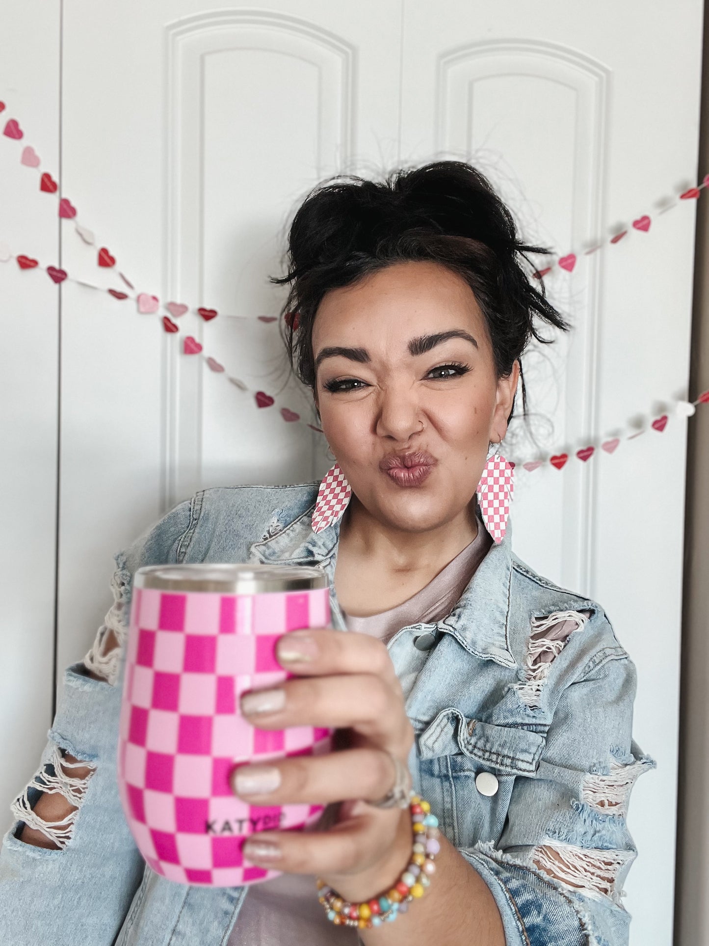 Pink Checkered Wine Tumbler