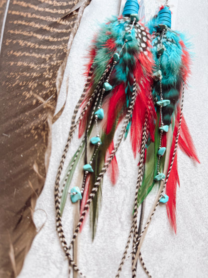 Red and Teal Feather Earrings
