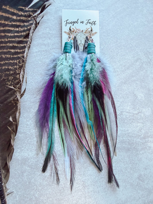 Gray + Mint+ Purple Feather Earrings