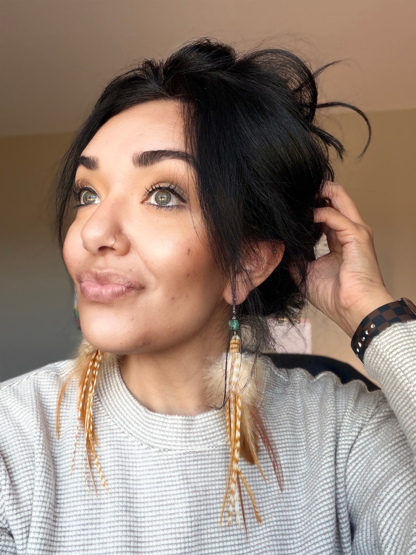 Beaded Feather Earrings | Brown