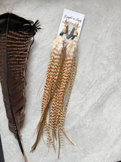 Long Brown Feather Earrings w Copper Tinsel