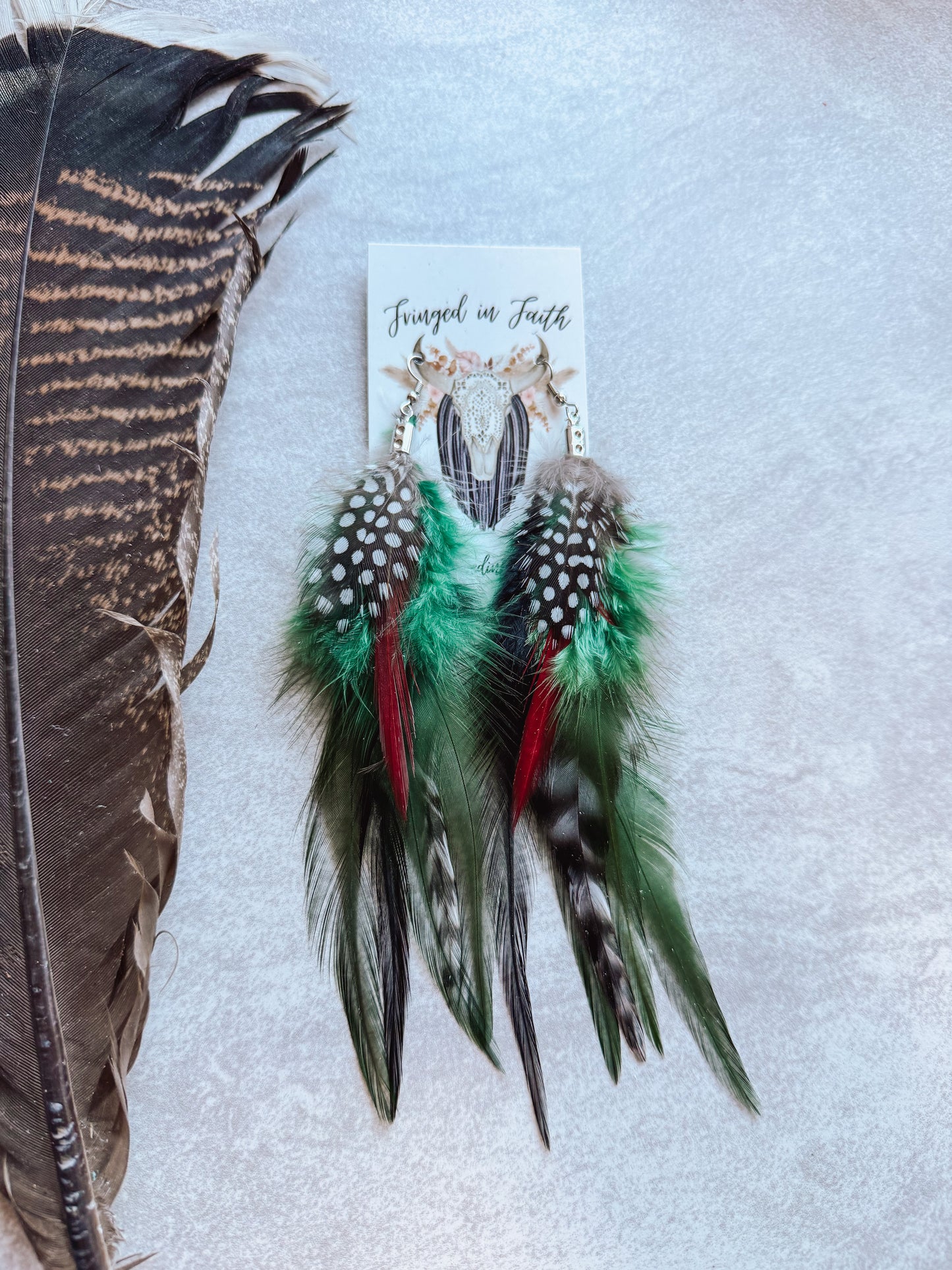 Green + Red Feather Earrings