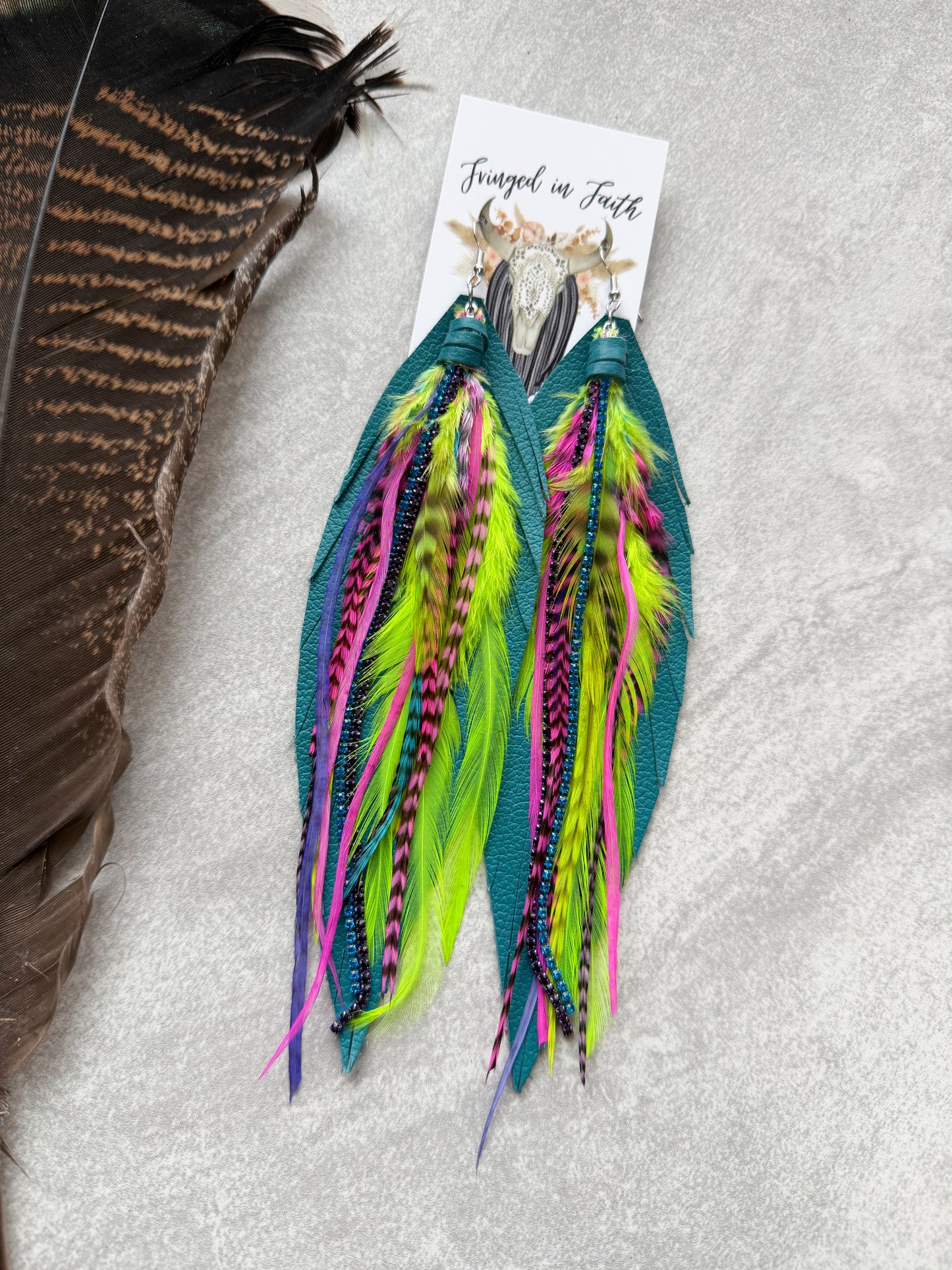 Neon Feather Earrings w Leather