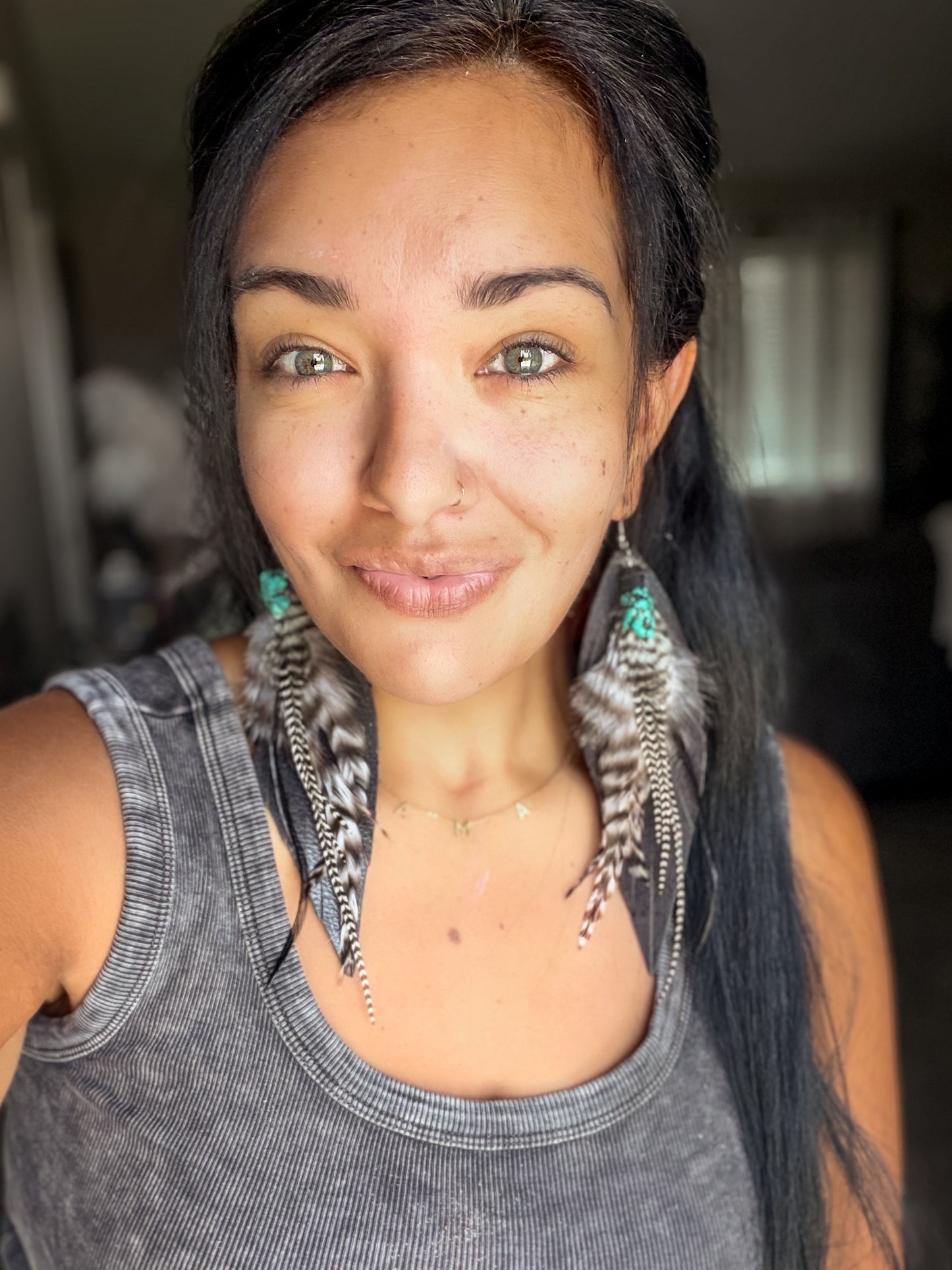 Turquoise Bead Feather Earrings