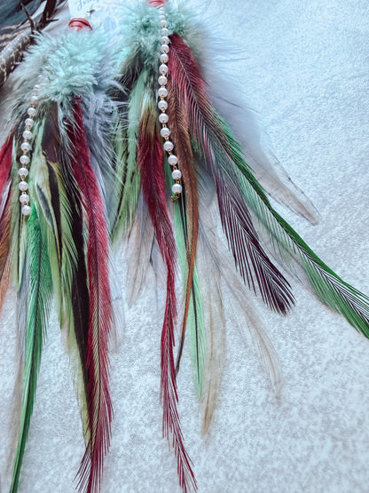 Gray + Mint+ Red Feather Earrings