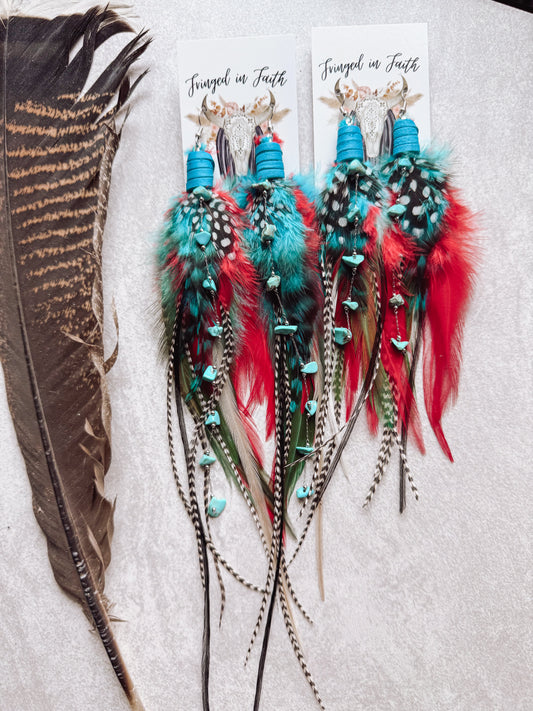 Red and Teal Feather Earrings