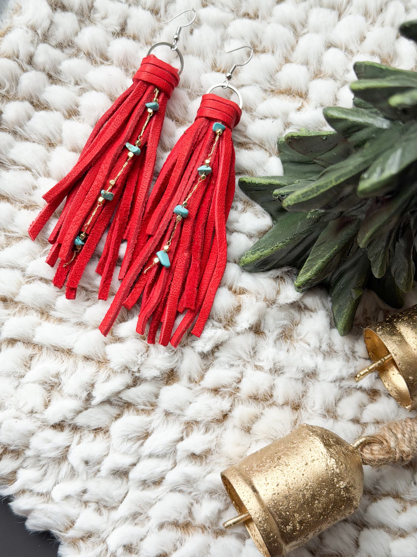 Turquoise Chain Tassel Earrings | Red