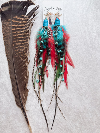 Red and Teal Feather Earrings