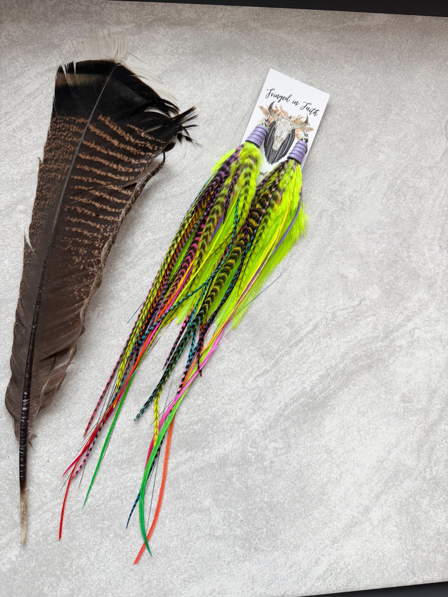 Neon Feather Earrings w Tinsel