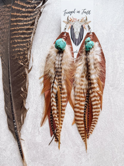 Brown Turquoise Bead Feather Earrings