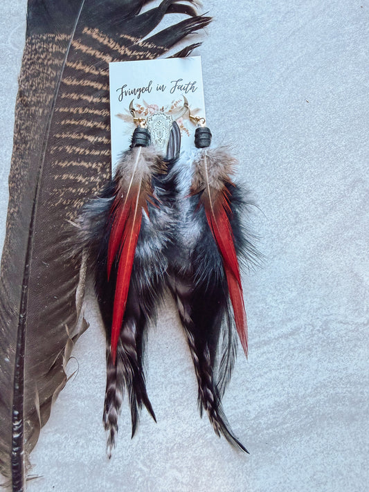 Red + Black Feather Earrings