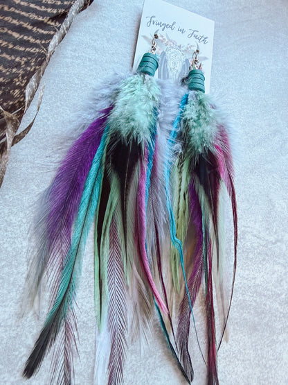 Gray + Mint+ Purple Feather Earrings