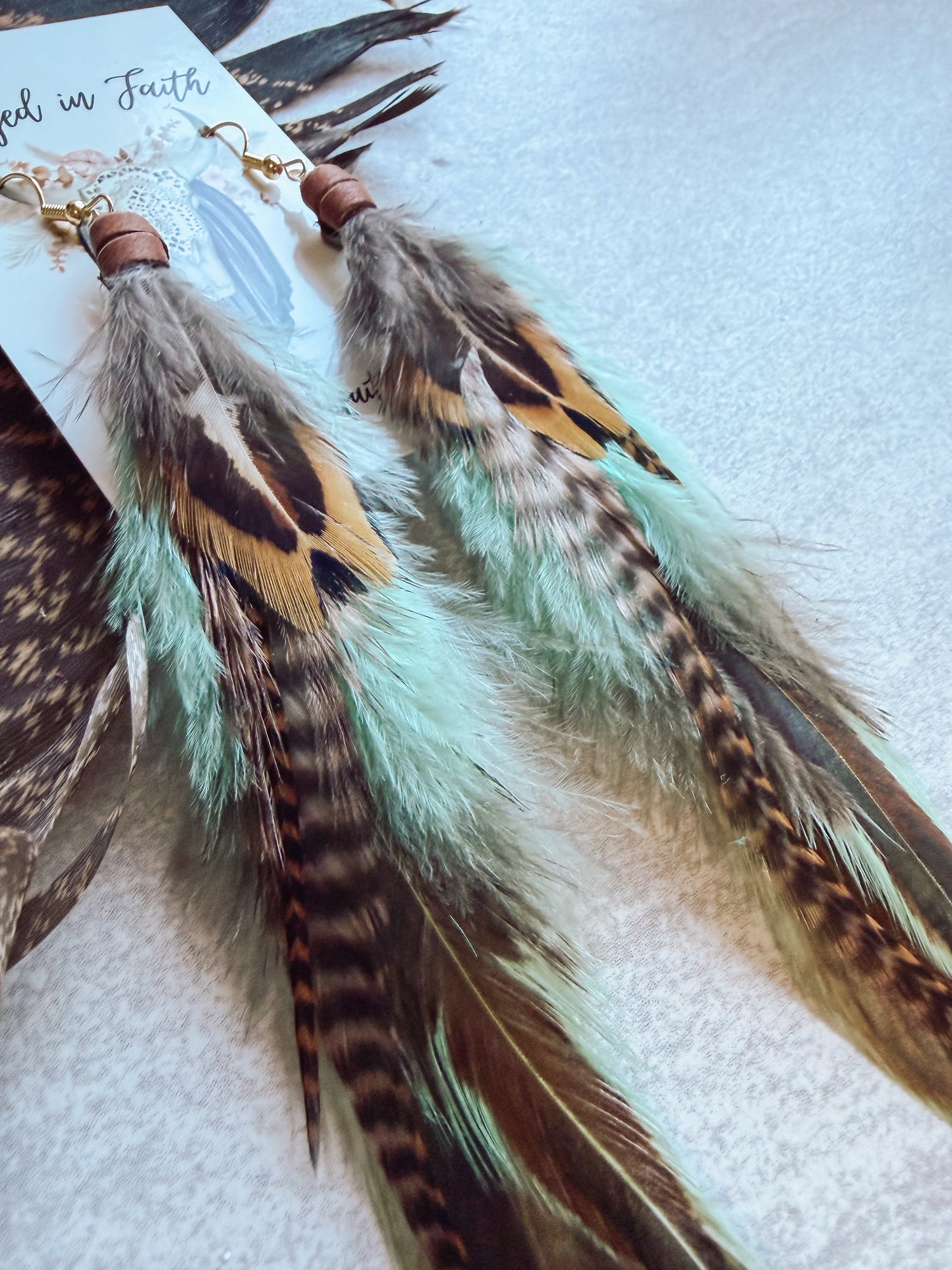 Brown + Mint Feather Earrings