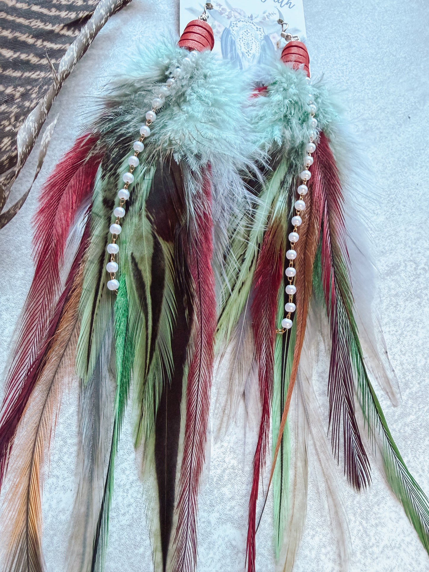 Gray + Mint+ Red Feather Earrings