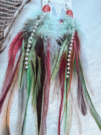 Gray + Mint+ Red Feather Earrings