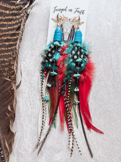 Red and Teal Feather Earrings