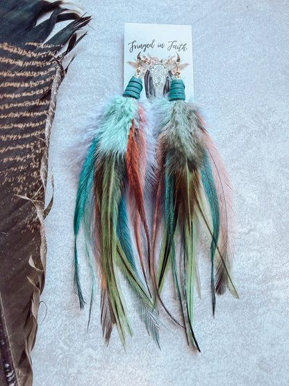 Gray + Mint + Teal Feather Earrings