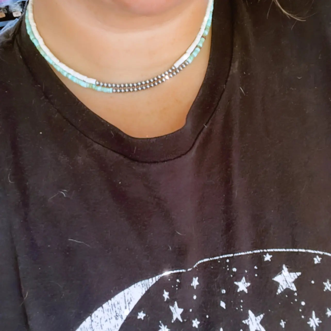 Sterling Silvers Pearls Choker with Veracite Turquoise