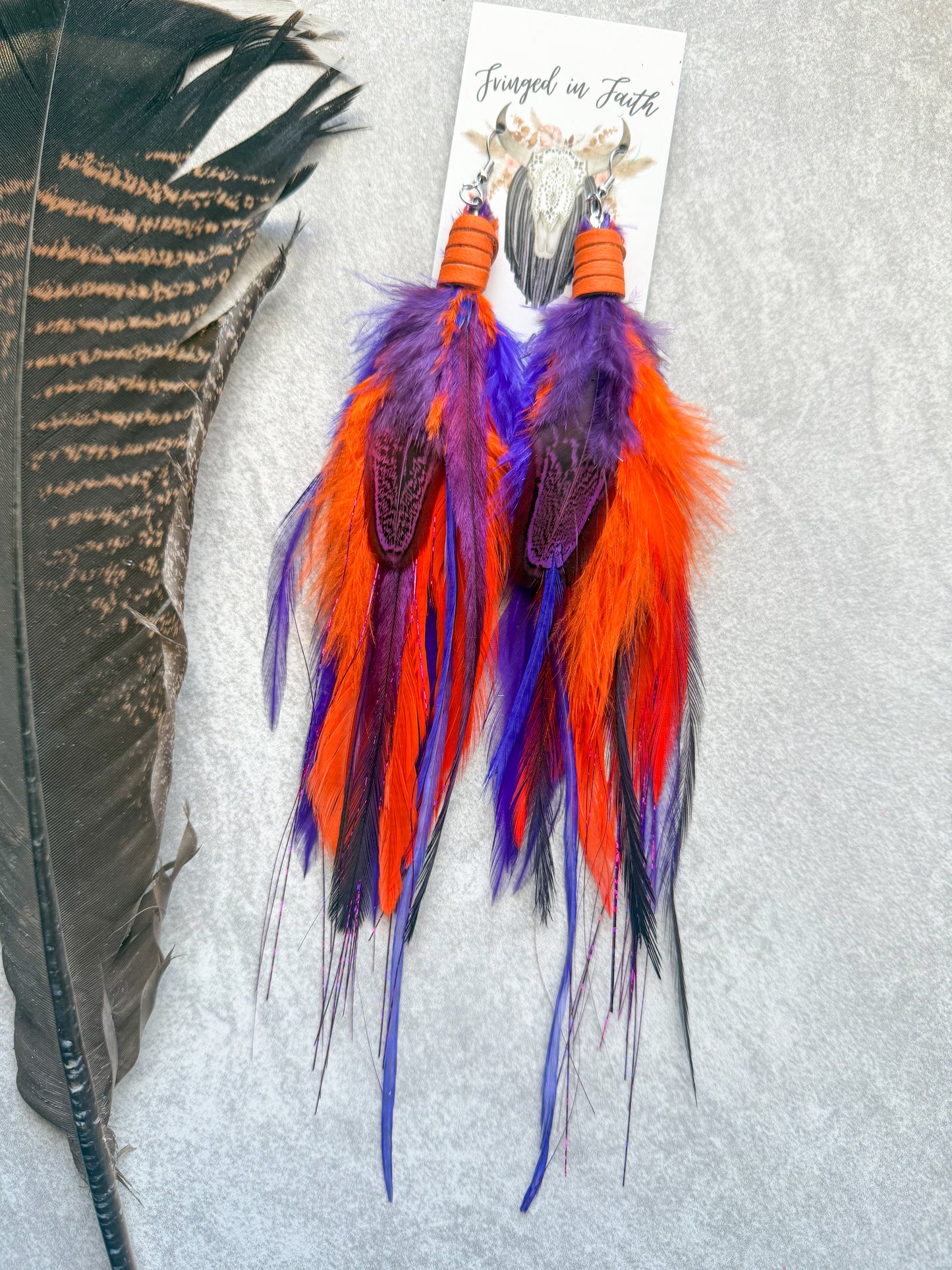 Neon Feather Earrings | Purple + Orange
