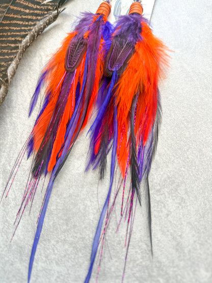 Neon Feather Earrings | Purple + Orange