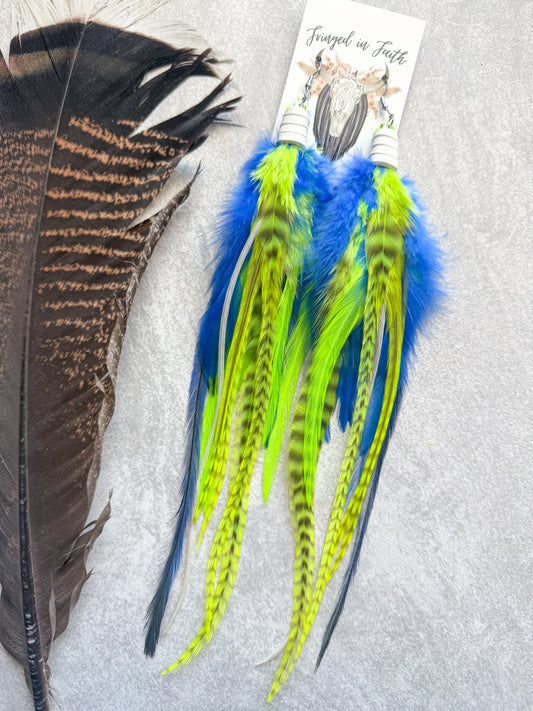 Neon Feather Earrings | Blue + Yellow
