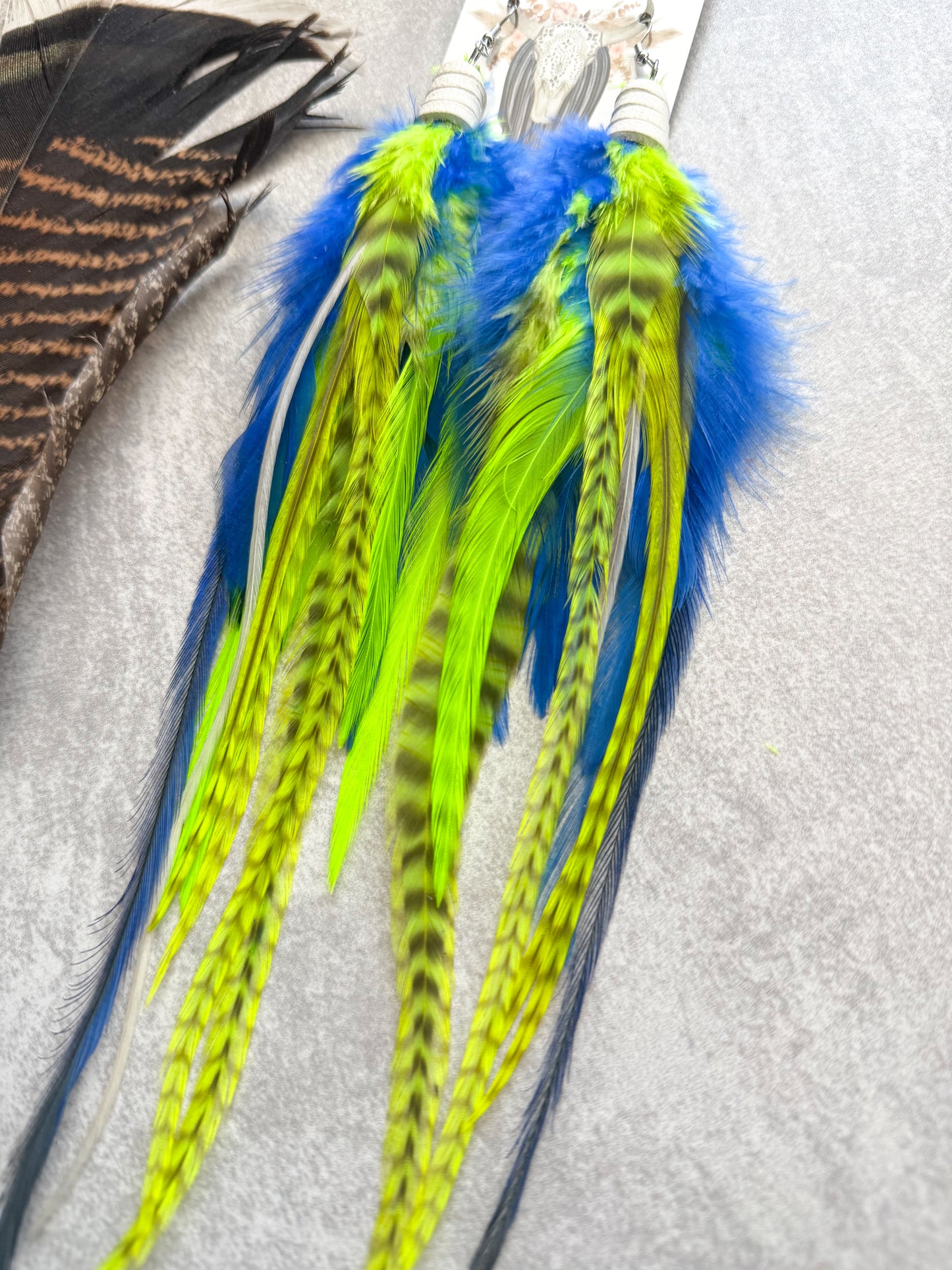 Neon Feather Earrings | Blue + Yellow