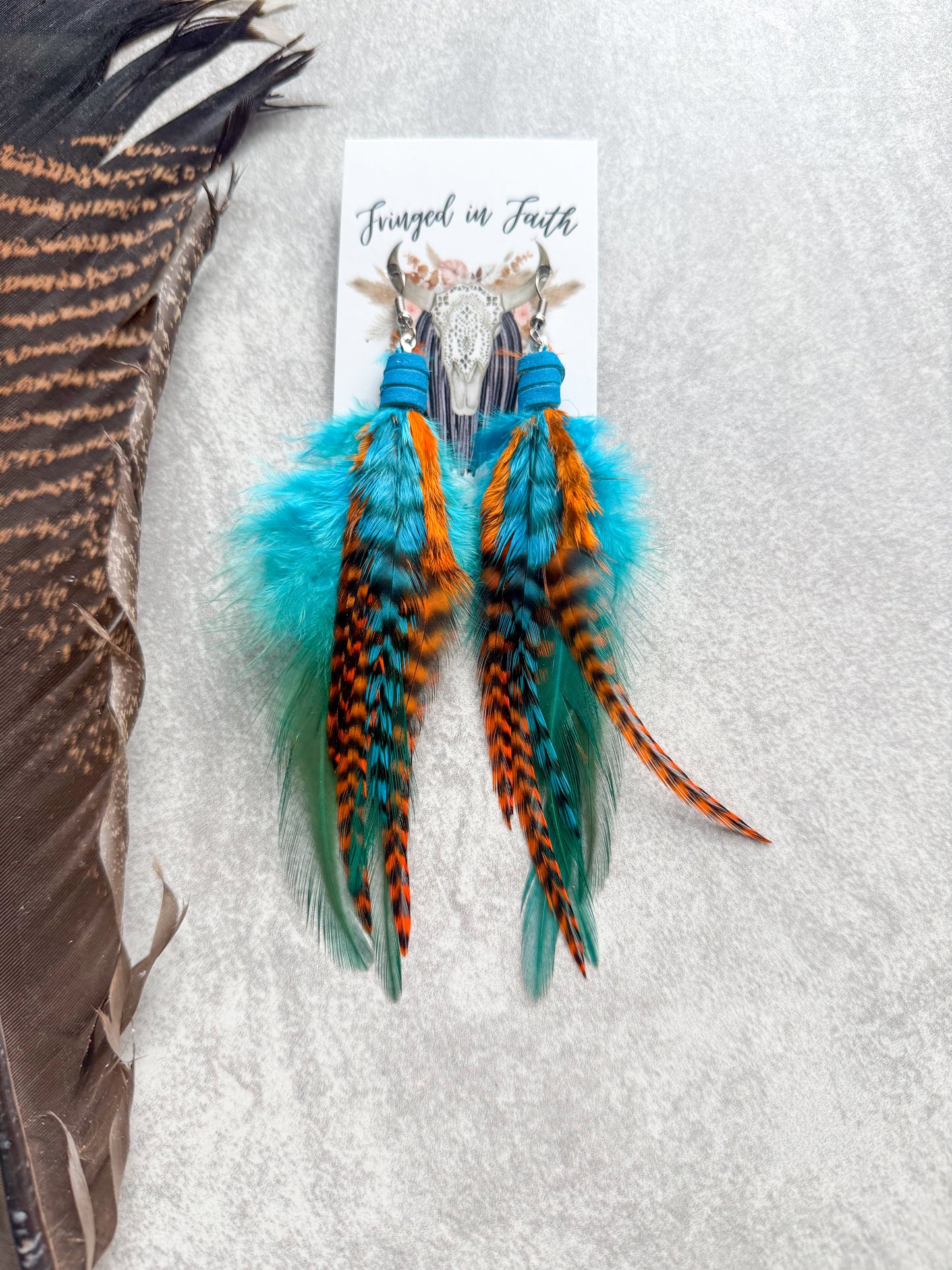 Neon Feather Earrings | Orange + Turquoise
