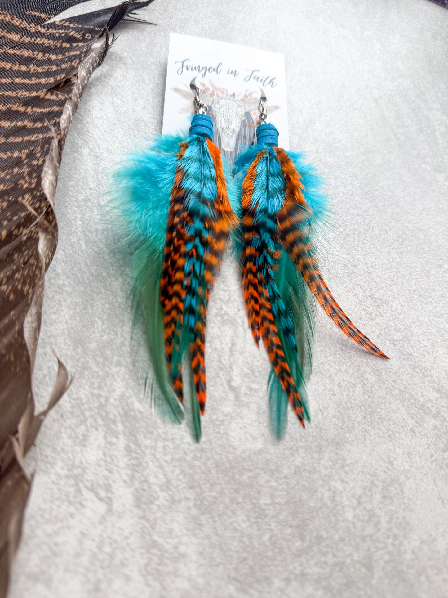 Neon Feather Earrings | Orange + Turquoise