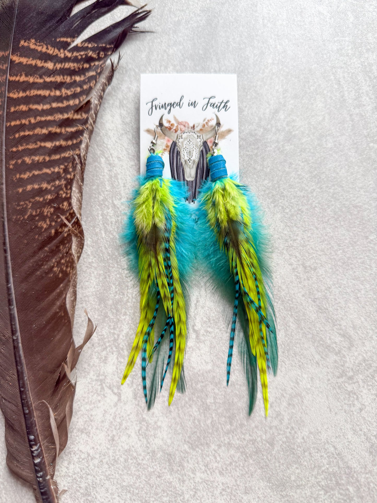 Neon Feather Earrings | Turquoise + Yellow
