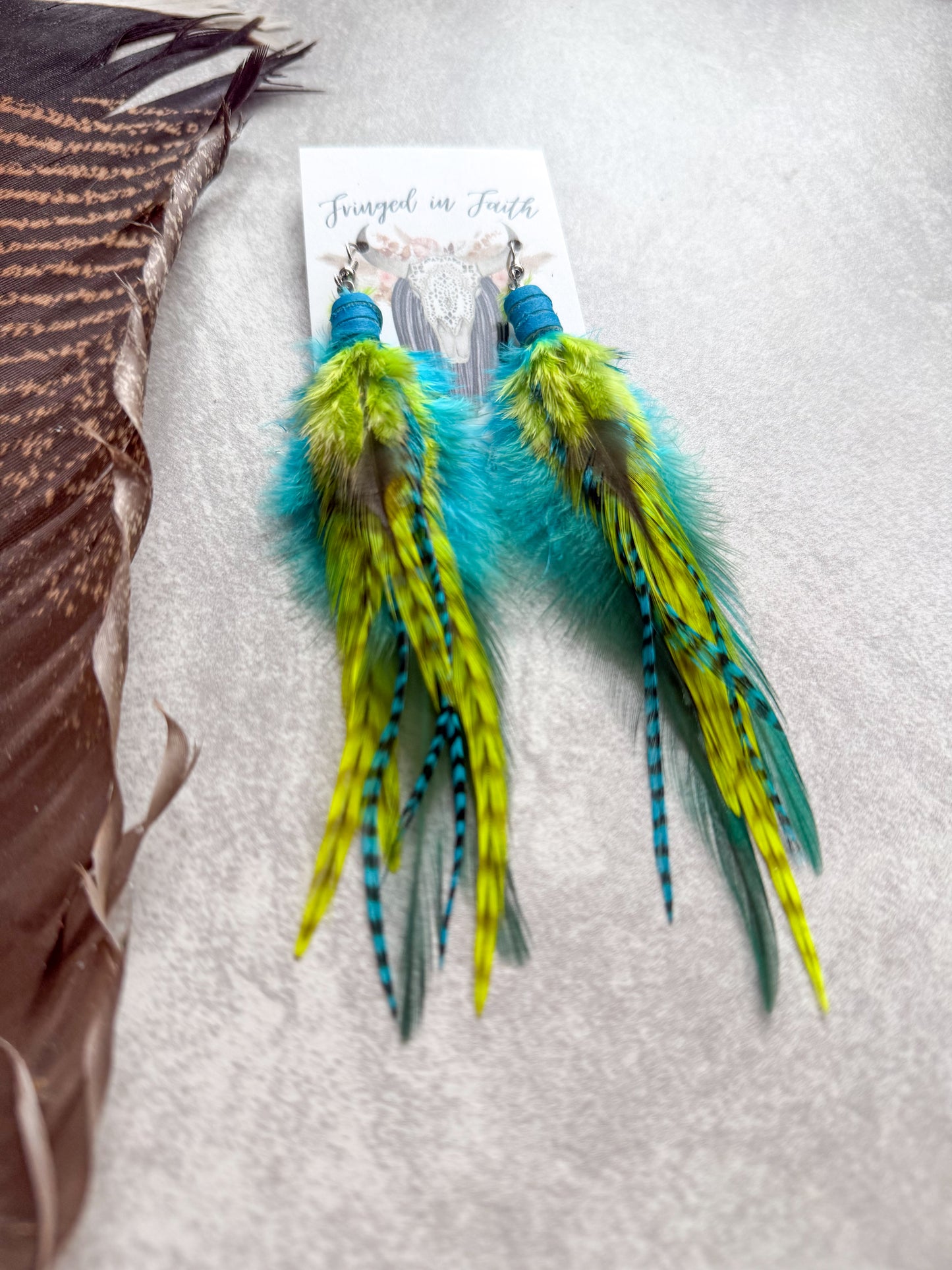 Neon Feather Earrings | Turquoise + Yellow