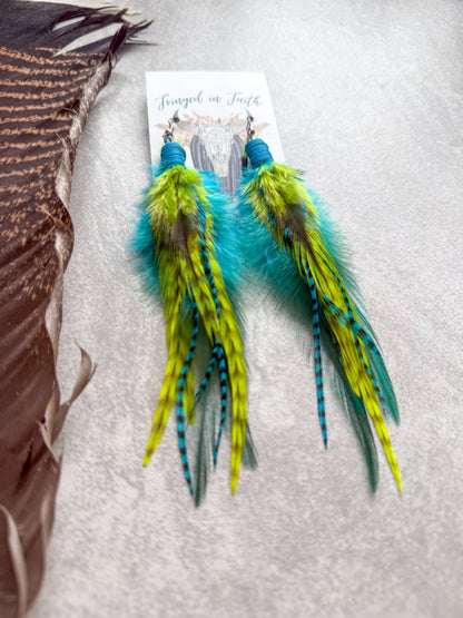 Neon Feather Earrings | Turquoise + Yellow