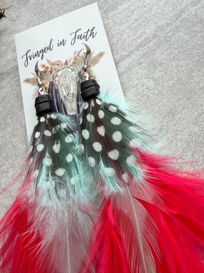 Neon Feather Earrings | Red + Mint