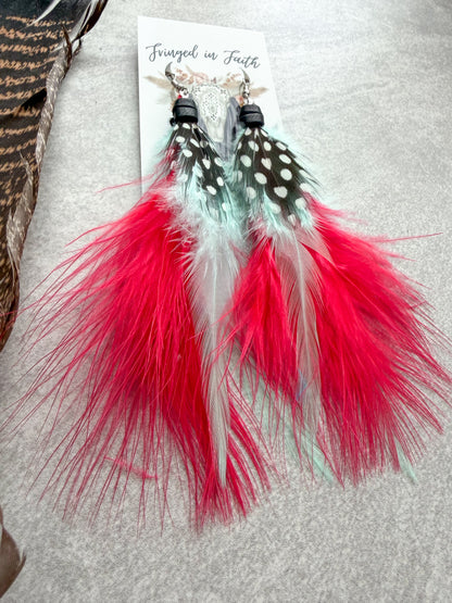 Neon Feather Earrings | Red + Mint