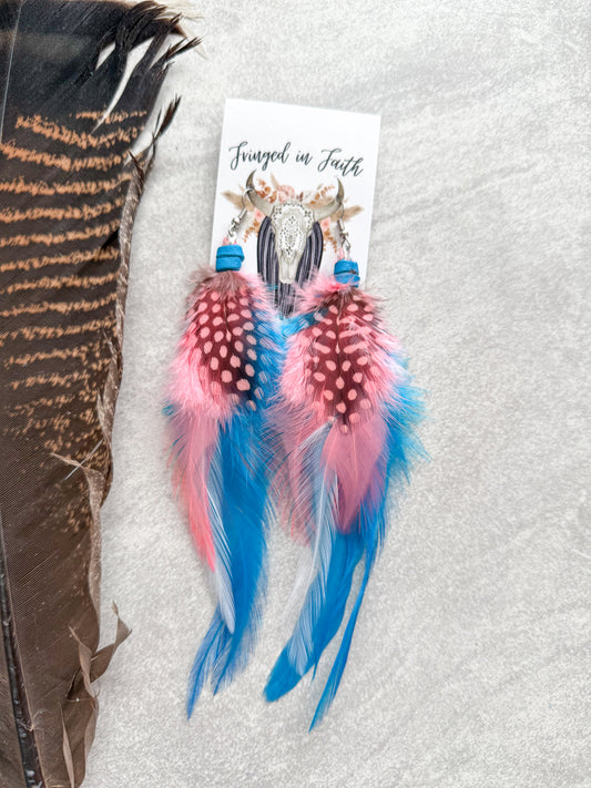 Neon Feather Earrings | Blue + Coral