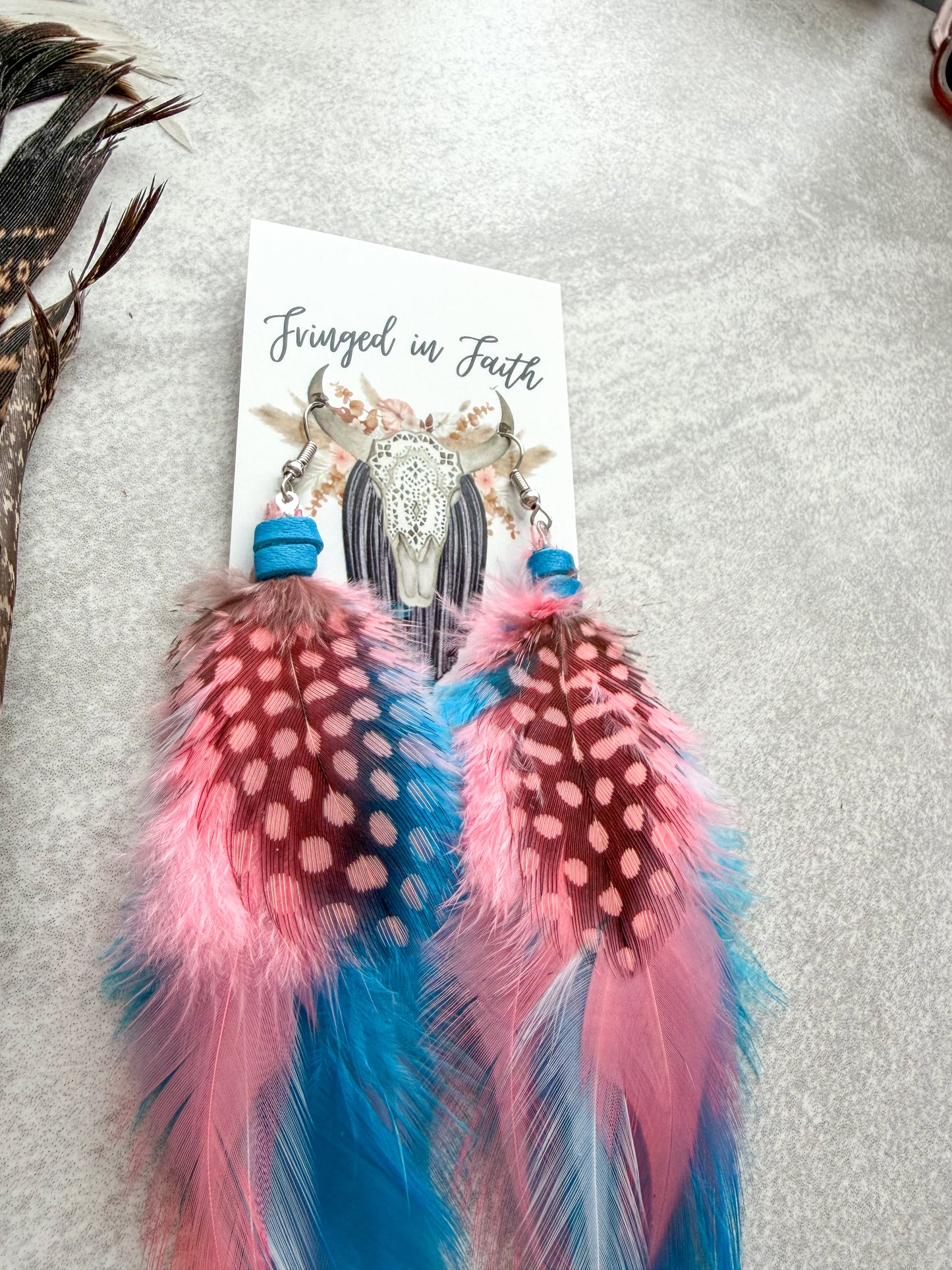 Neon Feather Earrings | Blue + Coral