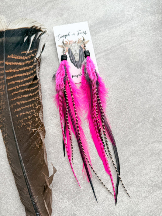 Neon Feather Earrings | Pink + Black