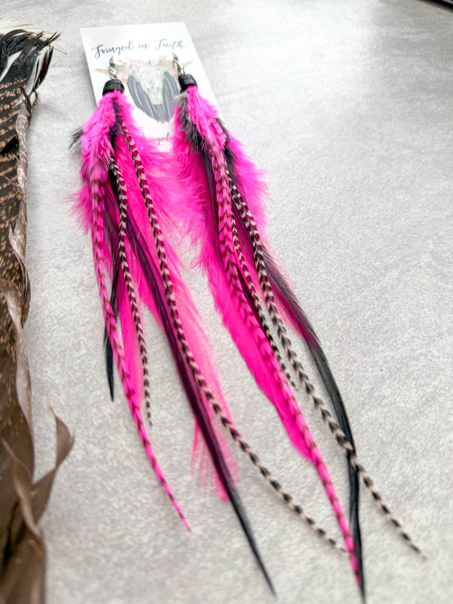 Neon Feather Earrings | Pink + Black