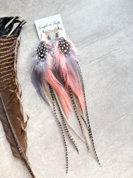 Feather Earrings Grey + Coral