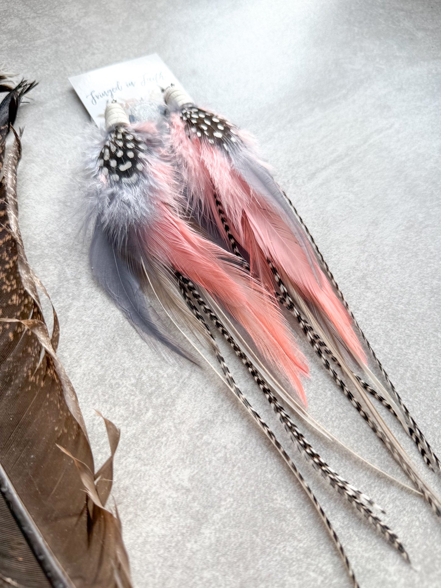 Feather Earrings Grey + Coral