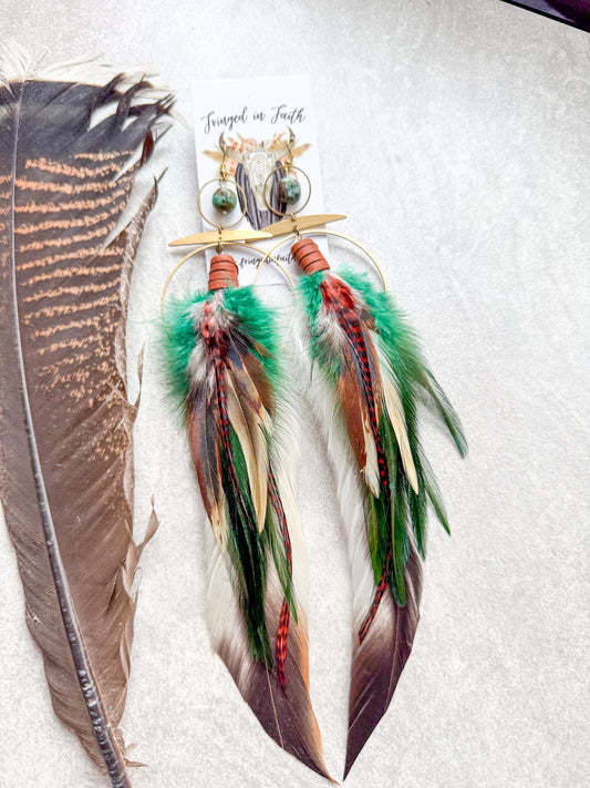 Boho Green Feathered Hoops