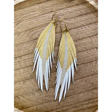 Gold and White Painted Leather Earring