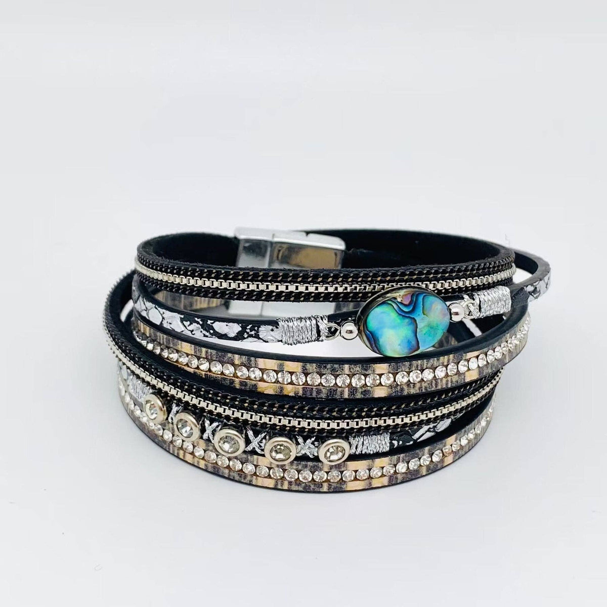 Abalone Shell Rhinestone Leather Bracelet - BJ/LB