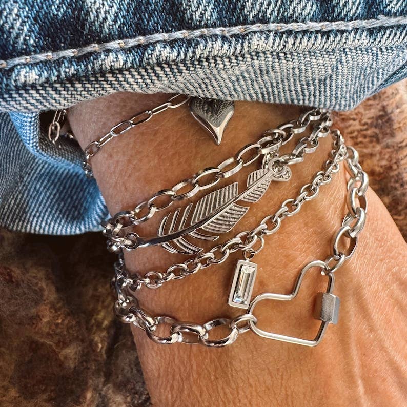 Chain Bracelet with a Heart Carabiner Center Charm